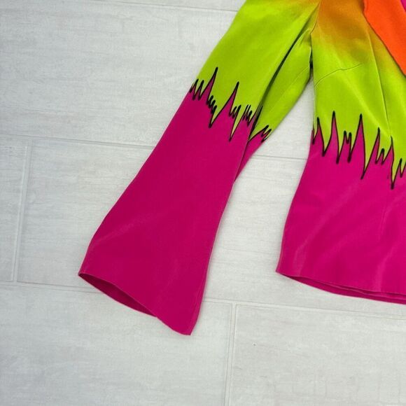 Jendo 100% Silk Blazer Neon Unique Party Zig Zag 80s Multicolor Bell Sleeves S - Picture 2 of 10